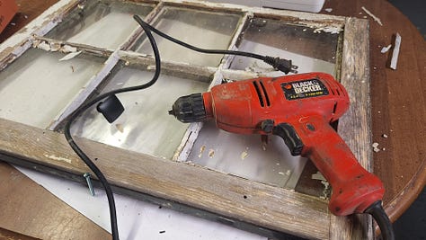 Series of images of an old window being turned into a towel rack