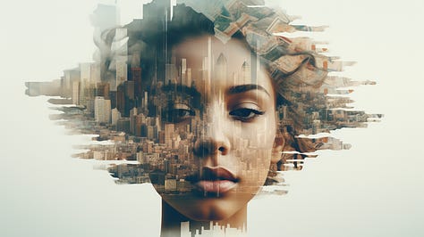 Images showing double exposure city portraitures with a person's face or upper body