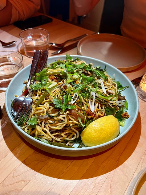 photo of pancit kang kong, outdoor exterior shot of the restaurant, and pork belly lechon