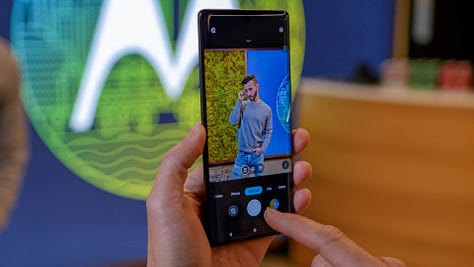 Multiple images showing the Moto Edge+ camera at 35mm, 50mm and 85mm focal lengths as well as what the final images look like on the phone itself.