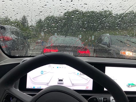 three images: 1) a weather map showing a storm cell over Pittsburgh, 2) a tree fallen on powerlines and 3) the dashboard of a car with a view out the windshield with a heavy storm outside