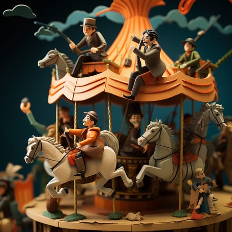 Claymation figures of a carousel, turtle, and violin from Midjourney