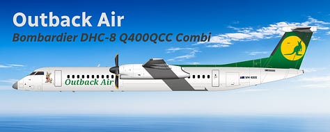 The current Outback Air fleet: 1) Bombardier DHC-8 Q400QCC Combi; 2) Bombardier DHC-8 Q200, 3) Cessna 208B Grand Caravan; 4) Daher Kodiak 900; 5) de Havilland Canada DHC-6-300 Twin Otter. 