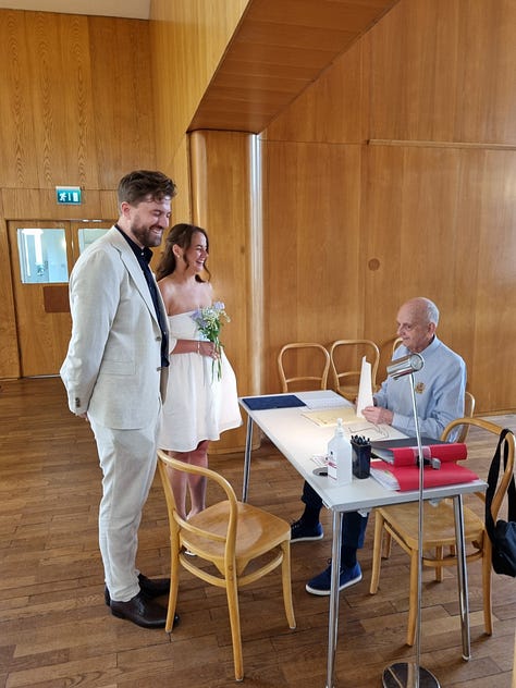 Photo 1: Dave on a boat with a sign reading "musik flotten" in the background. Photo 2: Dave, Louis, and Aisling at karaoke. Photo 3: Louis and Lauren laughing while talking to the administrator at their ceremony.