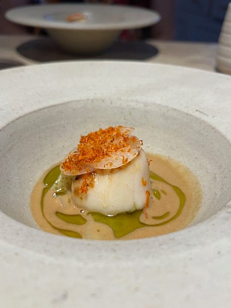 Images from inside The Small Holding with our menu, and example dishes, Halibut, Courgette & Basil (centre, bottom row); Garden Berries and Herbs (left bottom), and Scallop, Kohlrabi and Elderflower (right, centre) © The Lemon Grove