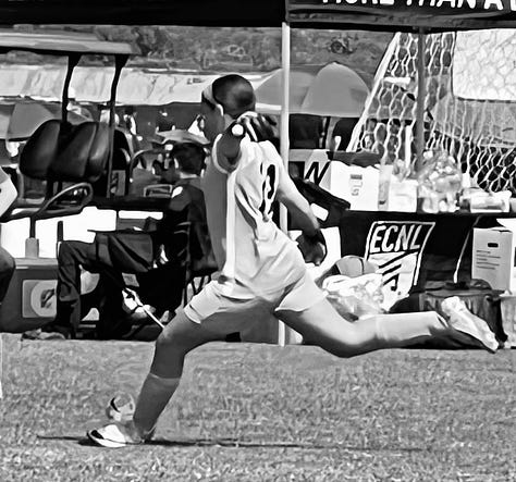 Six images: three black and white of girls soccer, one of a pink house and van, one of a pick topographic map, and one of an old neon sign from a Vegas casino.