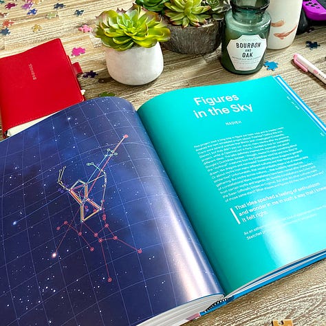 Photos of the original Data Sketches book, showing the cover (left), a spread of my SVG paths lesson (middle), Nadieh's Figures in the Sky chapter (right).