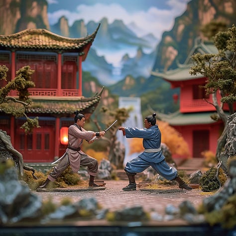 Circus performance, job interview, kung-fu battle as dioramas made by Midjourney V6