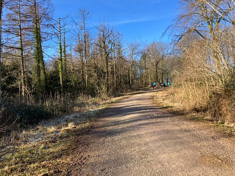 Wide stony paths heading upwards, with a bright blue sky above