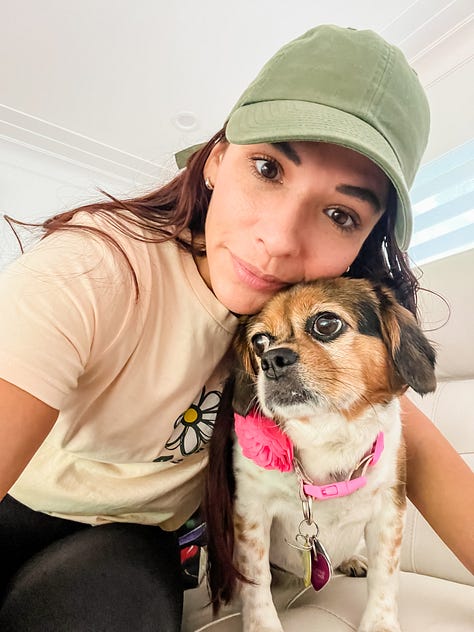 Photo of a lush tropical garden in front of a building, selfie photo of a woman and her dog, mirror selfie of a woman touching her baseball cap with the Miami Heat basketball logo, selfie of a woman smiling