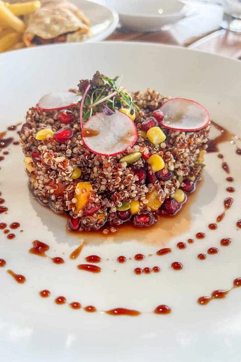 A representative sample of the food available at The Chedi Muscat including watermelon salads, grilled local fish and quinoa salads from the Pool Cabana.