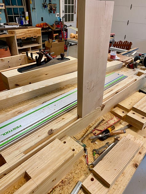 Routing a mortise for the sliding deadman, shown in the second photo. Third image shows three boards being glued together into a larger panel.