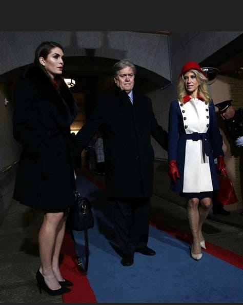 Three images of Trump campaign mastermind Kellyanne Fitzpatrick Conwway in her red, white, and blue Gucci coatdress  walking alone on her way to the Trump Inauguration, close up speaking into a microphone, walking at Trump Inauguration with Steve Bannon