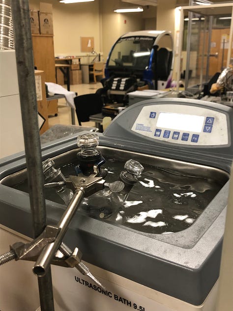 Dispersing carbon black + graphene in with ultrasonic sound waves, Heating & stirring the carbon mixture + the platinum and cobalt, Catalyst ink cooling down from the oil bath (Left to Right)