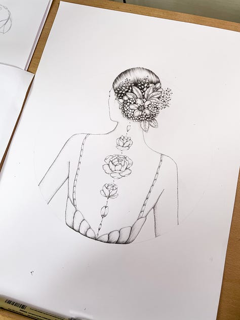 Botanical portrait illustration with back tattoo designs.