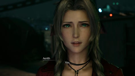 Aerith knows that there is still time and hesitates to confirm Shinra's plan to crush the slums.