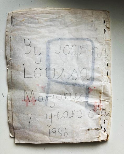Three photographs of a book I wrote in 1986, showing the title page ('The Ladder that Leeds to the Sun', an inner page and the back page with my name and date in a childish cursive font.