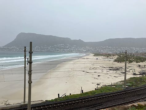 View of the mountains behind a nature reserve, and two images of Fish Hoek beach, with mountain behind