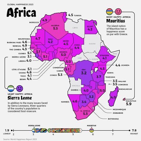 Close-ups by continent of Visual Capitalist's "Global Happiness Index 2023" Map