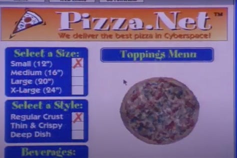 A computer displaying a pizza.net online pizza ordering system, and the resulting pizza, in The Net (1995) movie with Sandra Bullock  | Film Flavor: A Newsletter Surveying Food in Film