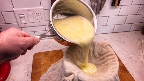 Photo 1: The foamy mixture of melted butter and cornstarch 2: The foam being poured into a cheesecloth-lined sieve 3: the contents of the sieve after draining
