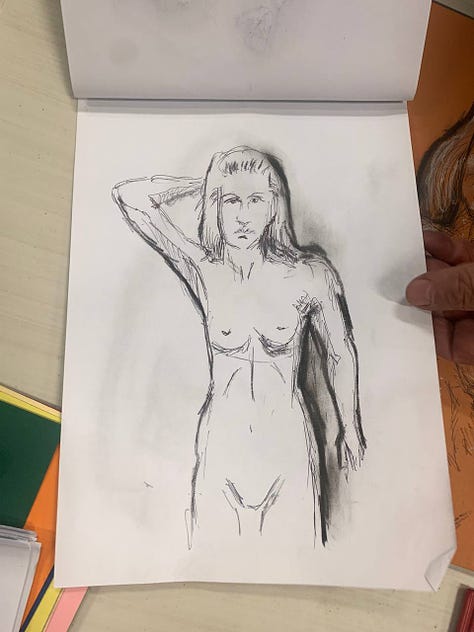 Life drawing of female nude model in Wales