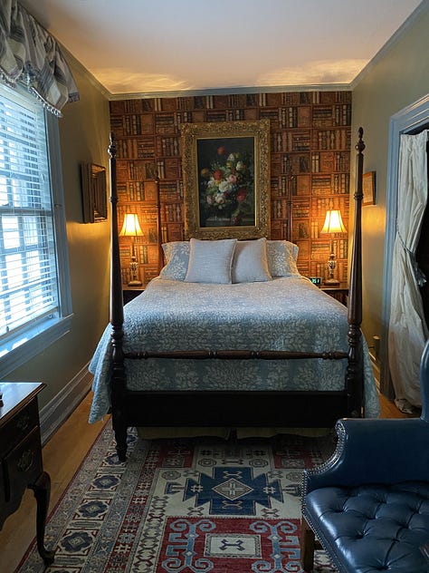 stained glass, breakfast quiche, comfy chairs, quaint bedrooms, nice seating area