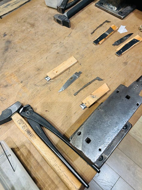 From left, showing the components of a knife making workshop--wood, blades and tools. Then the final product from a knife-making workshop in Lyon, France--beautifully polished knives.