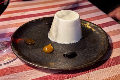 Hazelnut cake with zabaglione; hazelnut and dark chocolate creams with dried capers; panna cotta; Vergano Mauro Chinato; Marco de Barolo Vecchio Samperi Marsala