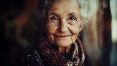 Portrait of an elderly woman with a warm smile, captured in a Polaroid emulsion lift style, highlighting handcrafted textures and muted pastel tones.