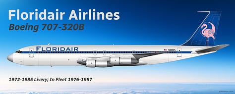 A selection of historic Floridair passenger aircraft: 1) Douglas DC-8-53; 2) Douglas DC-8-73; 3) Boeing 707-320B; 4) Boeing 727-100; 5) Boeing 727-200; 6) Boeing 737-800; 7) Boeing 737-900ER; 8) Boeing 757-200; and 9) Boeing 767-300ER - all shown in side view.