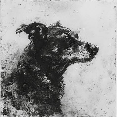 Dog, lamp, meadow - drypoint
