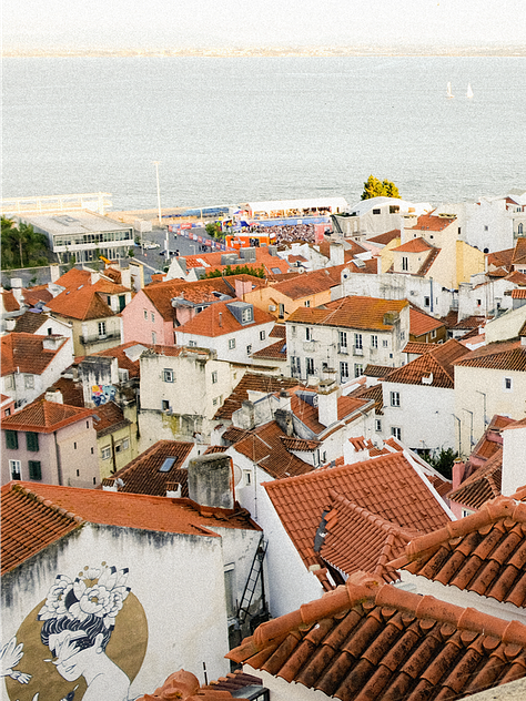 Photos of blue and white tiles, orange rooftops, and cathedral cloisters in Portugal, with a young white man and woman in frame