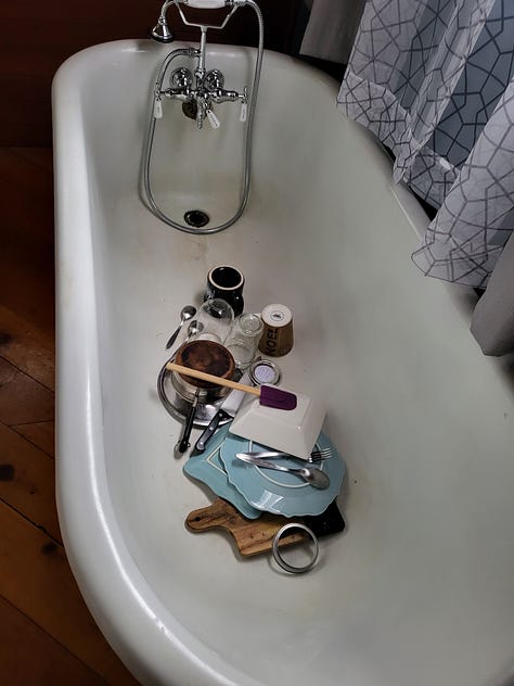 old and new faucets and washing dishes in the tub!