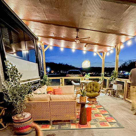 A few of our patio zones: Dining, Lounge, Zen, Plants