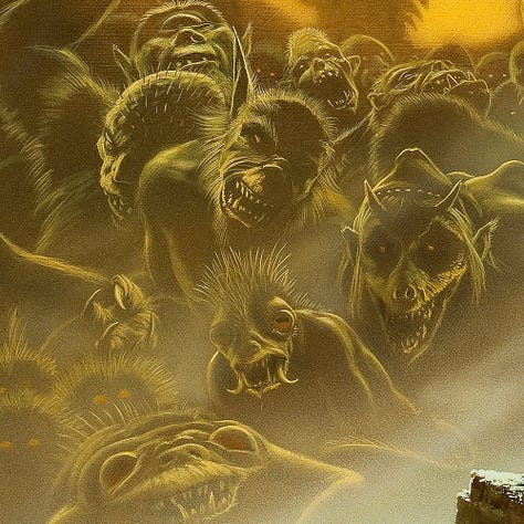 LEFT: Detail from WHERE THE EVIL DWELLS featuring a swordsman caught surprised as he turns toward a mass of monstrous creatures below. CENTER: Background detail from WHERE THE EVIL DWELLS featuring a variety of monstrous creatures including a cyclops and werewolf. RIGHT: Close detail from WHERE THE EVIL DWELLS featuring a swordsman wearing a tun over chainmail. The hood of metal falls on his back to reveal dirty blonde hair and beard. The shoulders of his tunic are checkered black and red. The back is emblazoned with a winged creature, possibly a dragon breathing fire. The image cuts off as his torso twists. He grips a long, plain sword as he pivots toward a mass of monstrous creatures. The scabbard belted on his waist is more ornate with leather Xs crossing the top and chevrons of yellow down toward the point. The artist sigil and copyright decorate the very end.