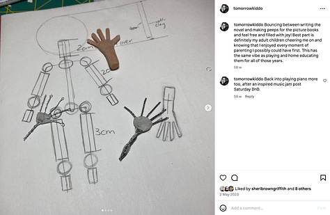 Using recycled and traditional miniature stop-motion prop materials, first photo is a chair in progress, second chair, art folder and leather look art diary, third is lounge in progress with documentary about Jim Henson in the background, fourth photo shows completed lounge, fifth image shows articulated hands in progress, last photo is a watercolour of a character named Grandpa.