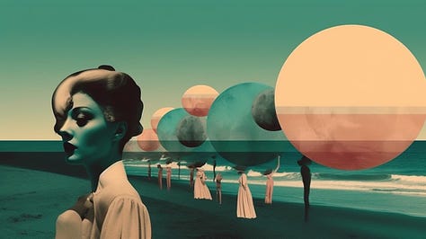 Midjourney AI-generated images of minimalist retro sci-fi art collages