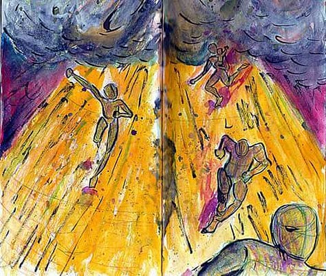 image 1: featureless people running away from a huge dust cloud or pyroclastic flow, they are too close. Image 2: After a cataclysm a couple holds each other and grieves, they look a little like they are made of stained glass. Image 3, a sketch when it was in progress, rounded shape like the top of someone's head, and another shape like clasped fingers or monster teeth. Image 4: some of my wooden drawing manikins, a little guy and a big hand.