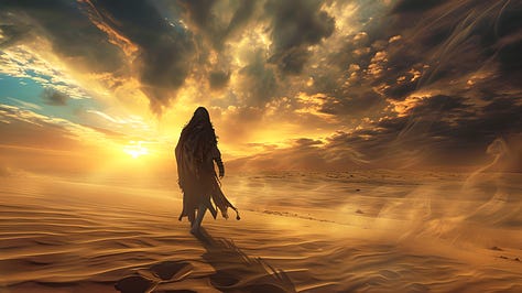 Desert nomad facing a sandstorm maelstrom, sun-bleached bones, sands of time, oasis mirage, ancient scars, stark survival essence