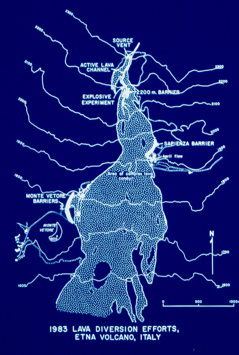 From L to R: Diverting Mount Etna (Gianni Tortoli), Diagram of 1983 diversion attempts (NPR), Satellite photo of recent 2021 eruption (ESA)