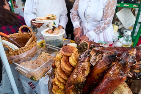 Six images showing scenes from San Francisco Plaza on Corpus Christi where vendors offering large heaps of Chiriuchu.