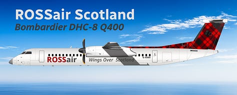 A selection of former ROSSair Scotland aircraft: 1) Fokker 100, 2) Dornier 328JET, 3) Dornier 328, 4) de Havilland DHC-8 Q200, 5) de Havilland DHC-8 Q300, 6) de Havilland DHC-8 Q400. 