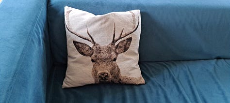 Six photos of stag decorations. 1. cushion with stag head; 2.  2 small black wooden deer ornaments; picture in frame of stag against blue background with message 'Season's Greetings'; white wooden stag figure; two silver stags facing each other with their antlers as candleabra; delicate white ceramic stag tree decoration.