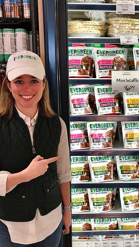 The first image shows Emily holding a tiny waffle iron in her home kitchen. The second shows her standing next to a huge pallet of boxes with waffles ready to be shipped. And the third shows Emily wearing a white hat that reads "Evergreen" while she stands next to a freezer in a retail store containing bags of her waffles.