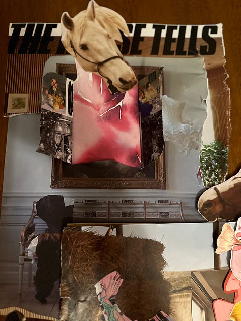 Three images of collage depicting window opening with figure of woman and horse behind it