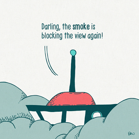 A comic about a couple arguing in a futuristic house in the sky that can levitate above the clouds on command. 