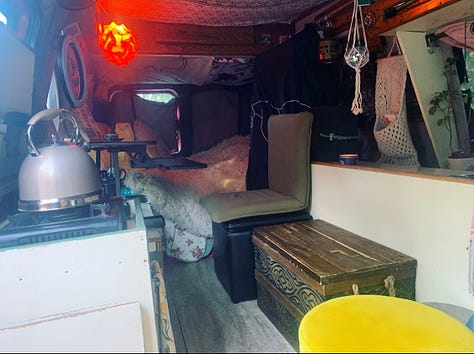 1. A gutted diy van. 2. The same van with a bed and sleeping bag and twinkle lights. 3. The same van years later with a kitchen and furniture. 4. Plants on a window ledge in a van. 5. Plants hanging from a van door. 6. A writing desk with notepad, notes, and an orange light inside a van.