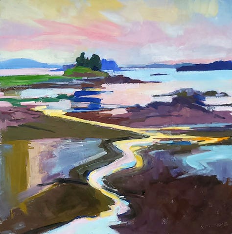 Kate painting at Pressy Cove and two paintings