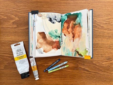 Mixed media sketchbook pages with abstract paintings